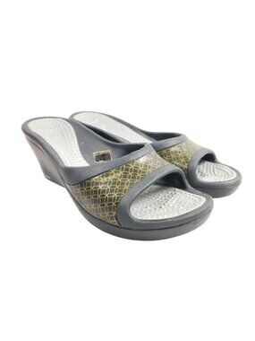 Crocs Womens Size 10 Black & Gold Wedge Slide Sandals Open-Toe